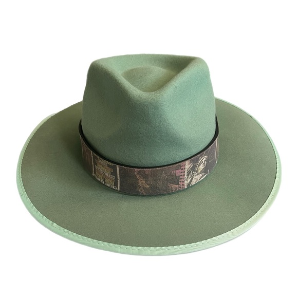 KJH Surf Sage Green Wide Brim Wool Felt Hat Adjustable NYC Boroughs Leather - Picture 1 of 14